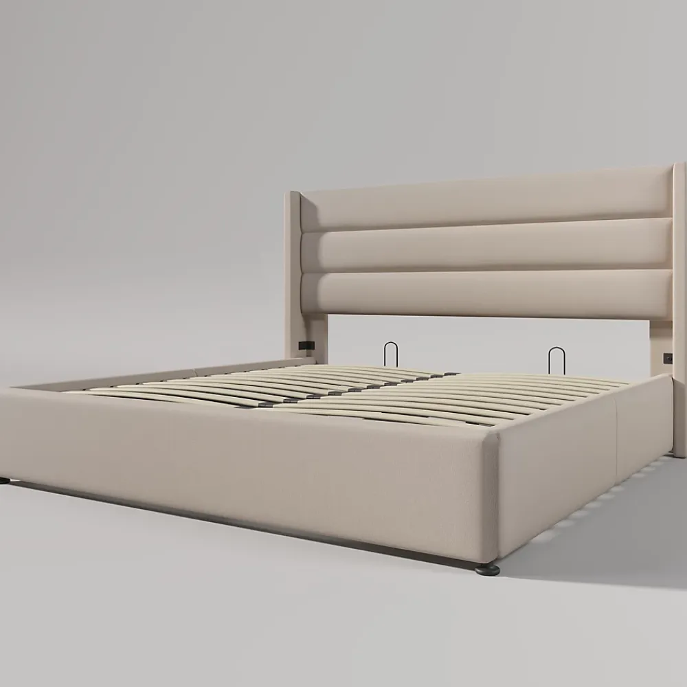 Redom Lit 160x200 cm tapissé lin beige avec coffre de rangement hydraulique, tête de lit rembourrée et cadre robuste* Lit Avec Rangement
