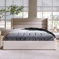 Redom Lit 160x200 cm tapissé lin beige avec coffre de rangement hydraulique, tête de lit rembourrée et cadre robuste* Lit Avec Rangement