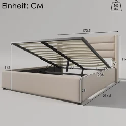 Redom Lit 160x200 cm tapissé lin beige avec coffre de rangement hydraulique, tête de lit rembourrée et cadre robuste* Lit Avec Rangement