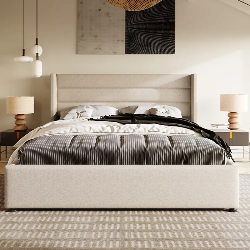 Redom Lit 160x200 cm tapissé lin beige avec coffre de rangement hydraulique, tête de lit rembourrée et cadre robuste* Lit Avec Rangement