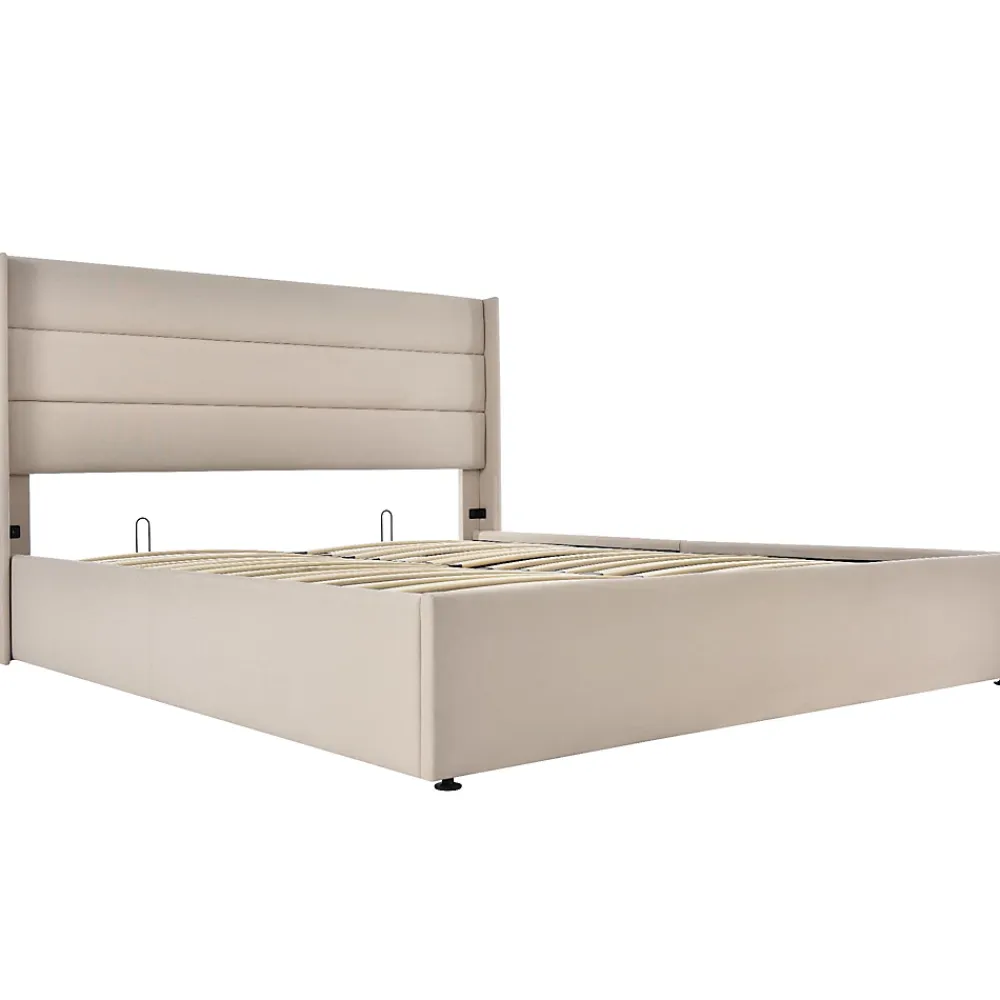 Redom Lit 160x200 cm tapissé lin beige avec coffre de rangement hydraulique, tête de lit rembourrée et cadre robuste* Lit Avec Rangement