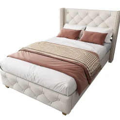 Redom Lit 90x200 cm tapissé lin beige avec tête de lit capitonnée, clous décoratifs et pieds en bois renforcés* Lit Simple