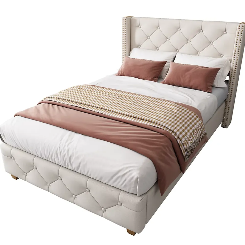 Redom Lit 90x200 cm tapissé lin beige avec tête de lit capitonnée, clous décoratifs et pieds en bois renforcés* Lit Simple
