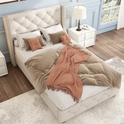 Redom Lit 90x200 cm tapissé lin beige avec tête de lit capitonnée, clous décoratifs et pieds en bois renforcés* Lit Simple