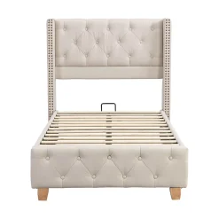 Redom Lit 90x200 cm tapissé lin beige avec tête de lit capitonnée, clous décoratifs et pieds en bois renforcés* Lit Simple