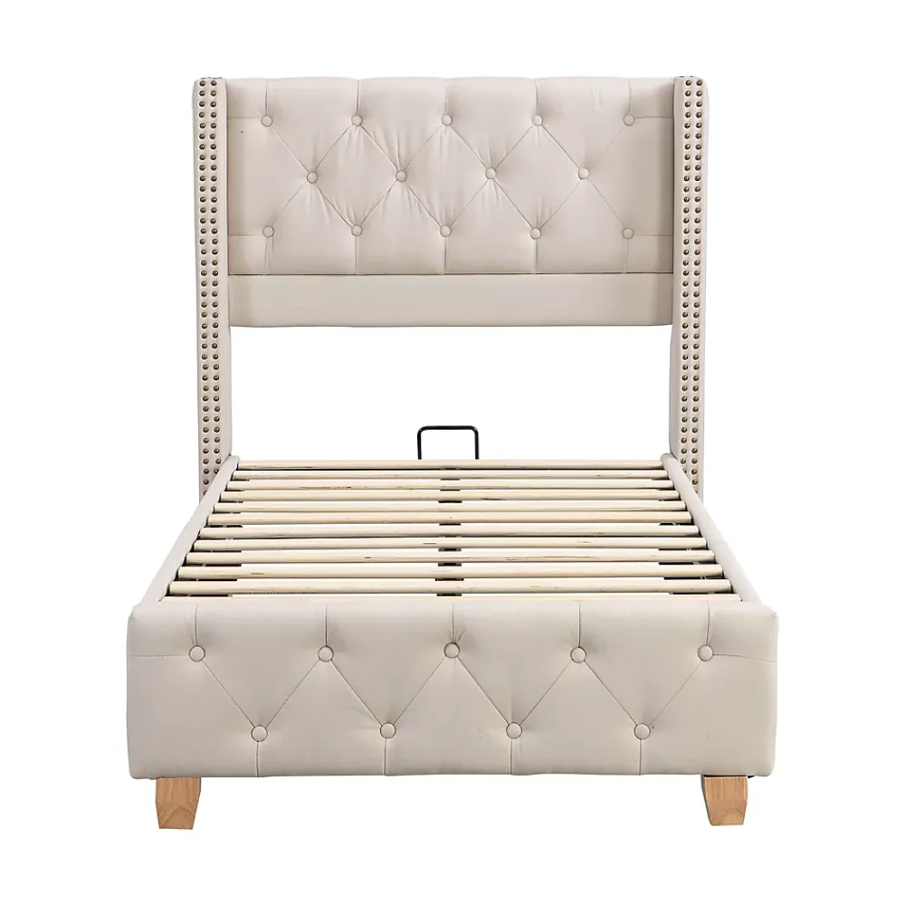 Redom Lit 90x200 cm tapissé lin beige avec tête de lit capitonnée, clous décoratifs et pieds en bois renforcés* Lit Simple