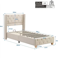 Redom Lit 90x200 cm tapissé lin beige avec tête de lit capitonnée, clous décoratifs et pieds en bois renforcés* Lit Simple