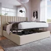 Lit 140x200 cm tapissé lin beige avec rangement hydraulique, tête de lit matelassée à rayures verticales>Redom Clearance
