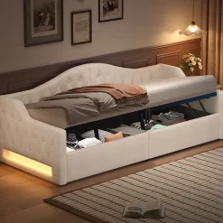 Redom Lit 90x200 cm tapissé lin beige avec rangement sous-lit et bande LED 7 couleurs, cadre bois moderne, 12 lattes* Lit Avec Rangement
