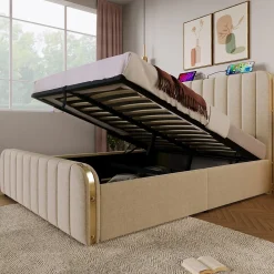 Redom Lit 140x200 cm tapissé lin beige, design contemporain, avec rangement hydraulique et tête de lit intégrée* Lit Avec Rangement