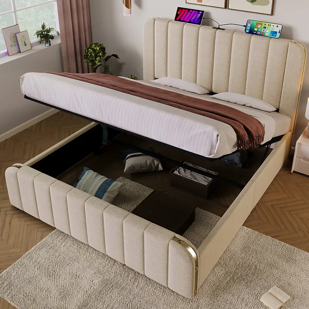 Redom Lit 140x200 cm tapissé lin beige, design contemporain, avec rangement hydraulique et tête de lit intégrée* Lit Avec Rangement
