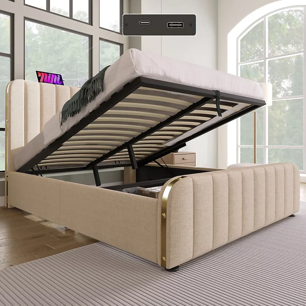 Redom Lit 140x200 cm tapissé lin beige, design contemporain, avec rangement hydraulique et tête de lit intégrée* Lit Avec Rangement
