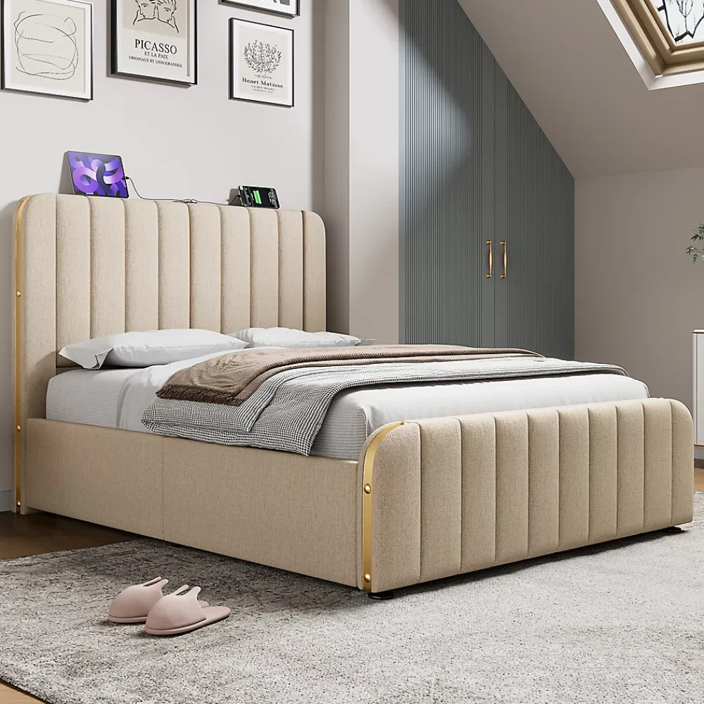 Redom Lit 140x200 cm tapissé lin beige, design contemporain, avec rangement hydraulique et tête de lit intégrée* Lit Avec Rangement