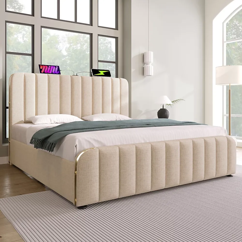Redom Lit 140x200 cm tapissé lin beige, design contemporain, avec rangement hydraulique et tête de lit intégrée* Lit Avec Rangement