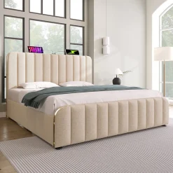 Lit 140x200 cm, tapissé lin beige avec tête de lit décor métal doré, rangement hydraulique et port USB-C>Redom Online