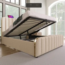 Lit 140x200 cm, tapissé lin beige avec tête de lit décor métal doré, rangement hydraulique et port USB-C>Redom Online