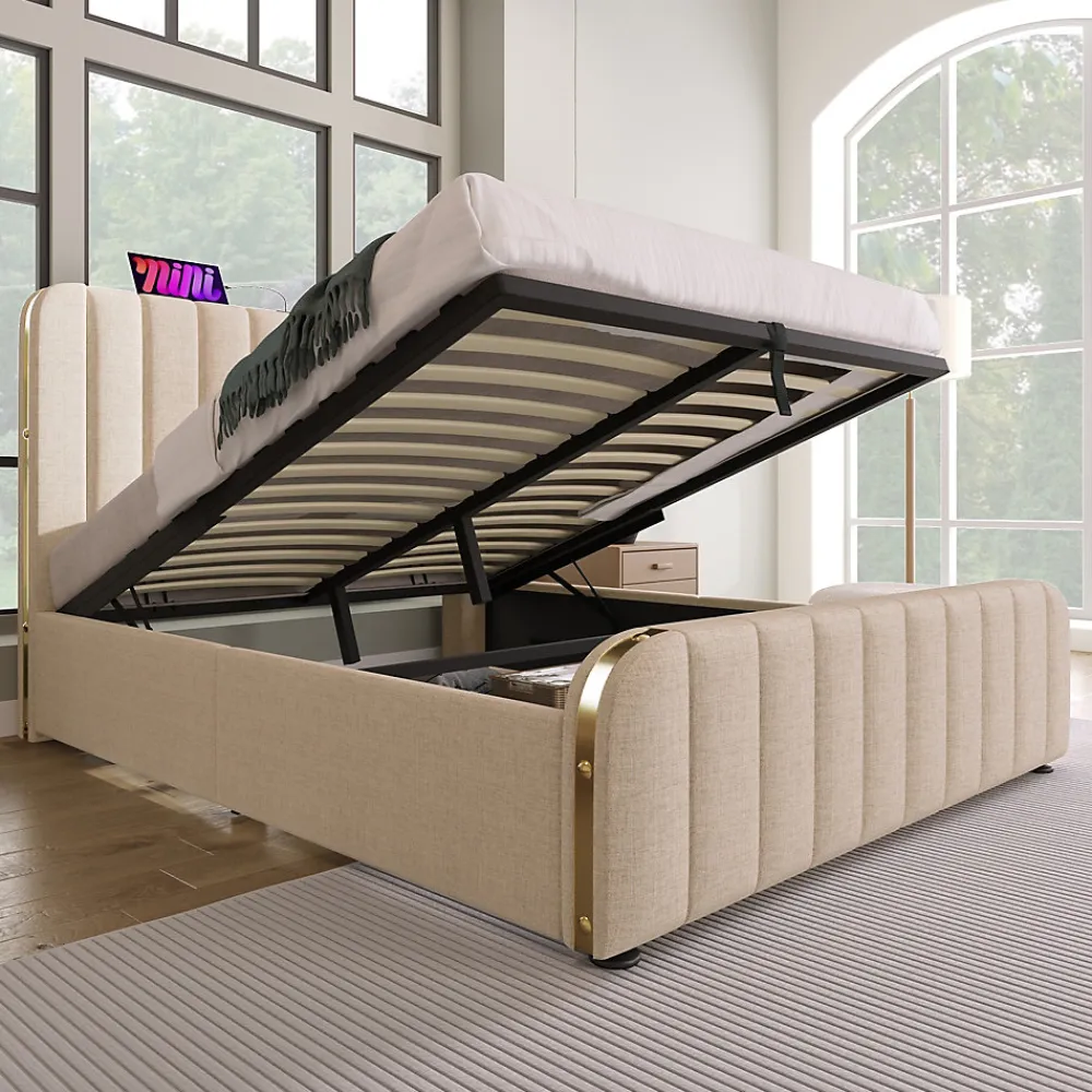 Lit 140x200 cm, tapissé lin beige avec tête de lit décor métal doré, rangement hydraulique et port USB-C>Redom Online