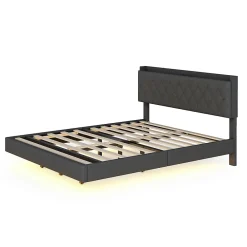 Redom Lit 160x200 cm tapissé lin gris avec LED multicolore sous cadre, prise USB intégrée et coffre de rangement* Lit Double