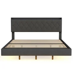 Redom Lit 160x200 cm tapissé lin gris avec LED multicolore sous cadre, prise USB intégrée et coffre de rangement* Lit Double