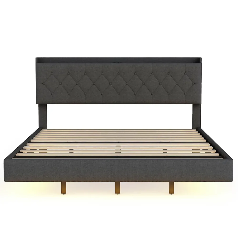Redom Lit 160x200 cm tapissé lin gris avec LED multicolore sous cadre, prise USB intégrée et coffre de rangement* Lit Double