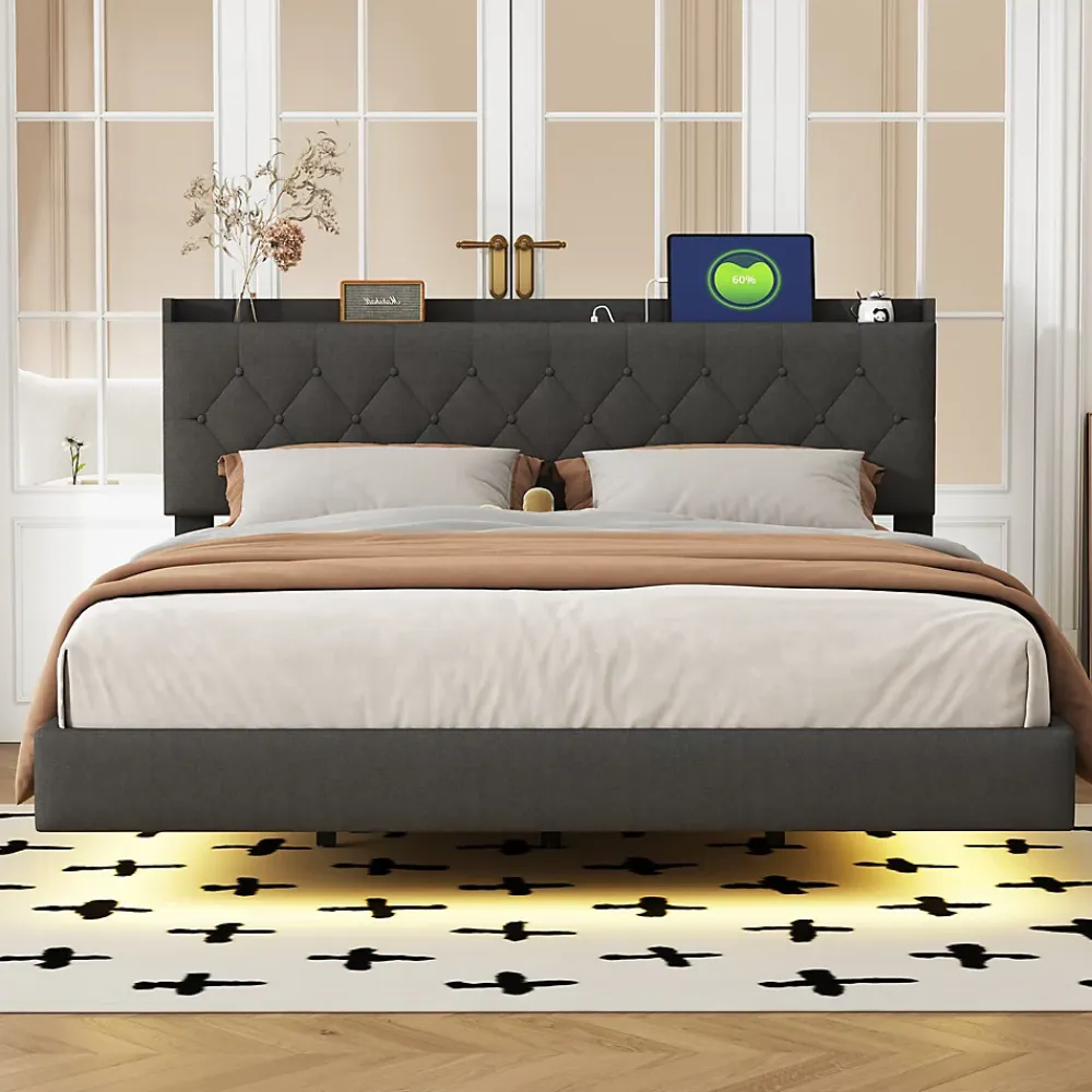Redom Lit 160x200 cm tapissé lin gris avec LED multicolore sous cadre, prise USB intégrée et coffre de rangement* Lit Double