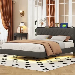 Redom Lit 160x200 cm tapissé lin gris avec LED multicolore sous cadre, prise USB intégrée et coffre de rangement* Lit Double