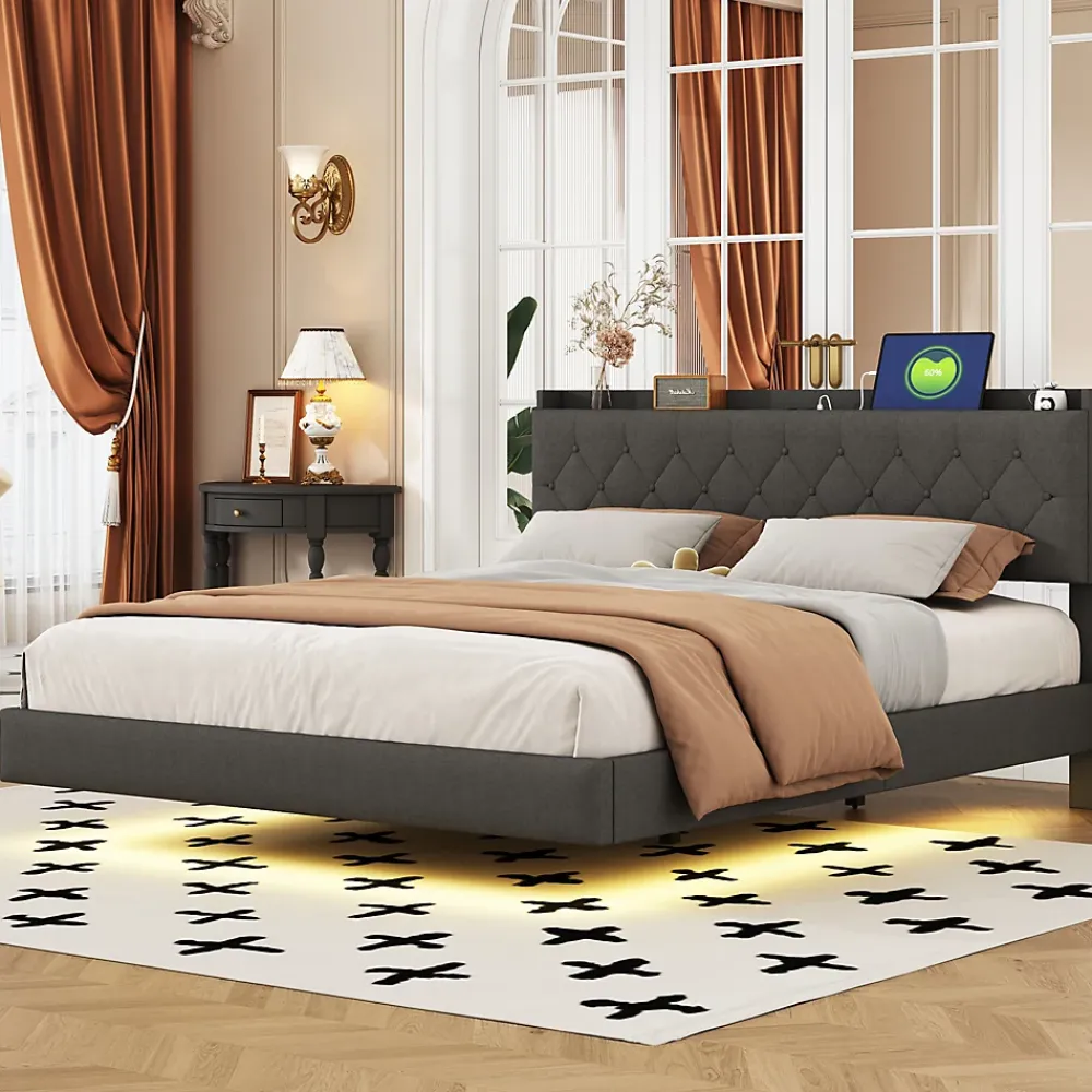 Redom Lit 160x200 cm tapissé lin gris avec LED multicolore sous cadre, prise USB intégrée et coffre de rangement* Lit Double