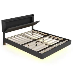 Redom Lit 160x200 cm tapissé lin gris avec LED multicolore sous cadre, prise USB intégrée et coffre de rangement* Lit Double