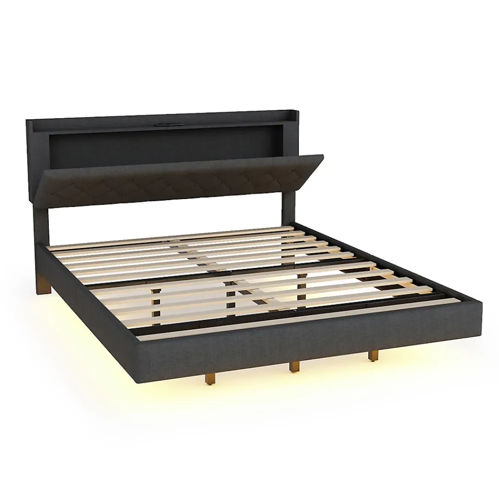 Redom Lit 160x200 cm tapissé lin gris avec LED multicolore sous cadre, prise USB intégrée et coffre de rangement* Lit Double