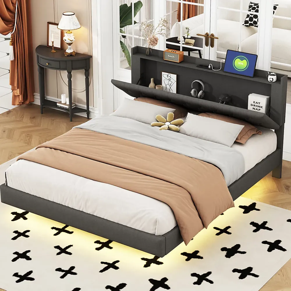 Redom Lit 160x200 cm tapissé lin gris avec LED multicolore sous cadre, prise USB intégrée et coffre de rangement* Lit Double