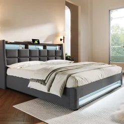 Lit 140x200 cm tapissé lin gris avec éclairage LED et port USB, style vintage moderne, cadre bois-métal>Redom Hot
