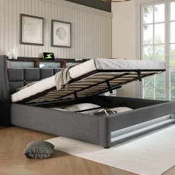 Lit 140x200 cm tapissé lin gris avec éclairage LED et port USB, style vintage moderne, cadre bois-métal><noscript><img width=