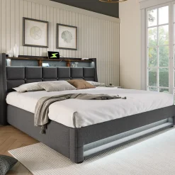 Lit 140x200 cm tapissé lin gris avec éclairage LED et port USB, style vintage moderne, cadre bois-métal><noscript><img width=