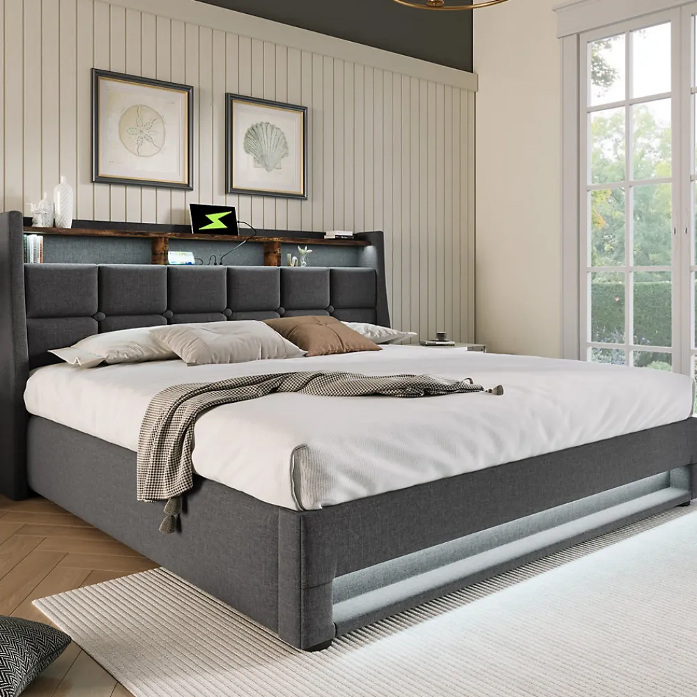 Lit 140x200 cm tapissé lin gris avec éclairage LED et port USB, style vintage moderne, cadre bois-métal>Redom Hot