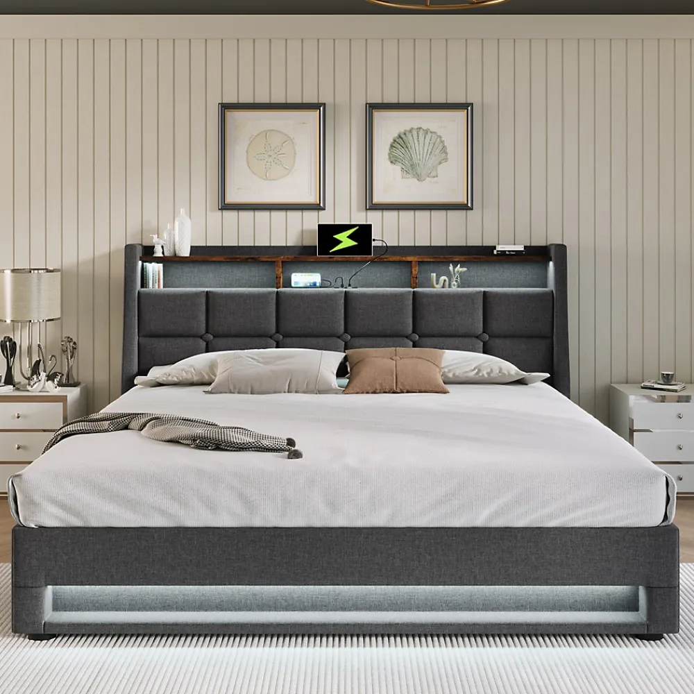 Lit 140x200 cm tapissé lin gris avec éclairage LED et port USB, style vintage moderne, cadre bois-métal>Redom Hot