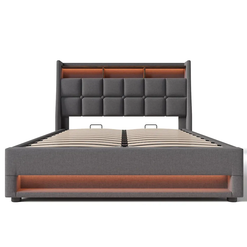 Lit 140x200 cm tapissé lin gris avec éclairage LED et port USB, style vintage moderne, cadre bois-métal>Redom Hot