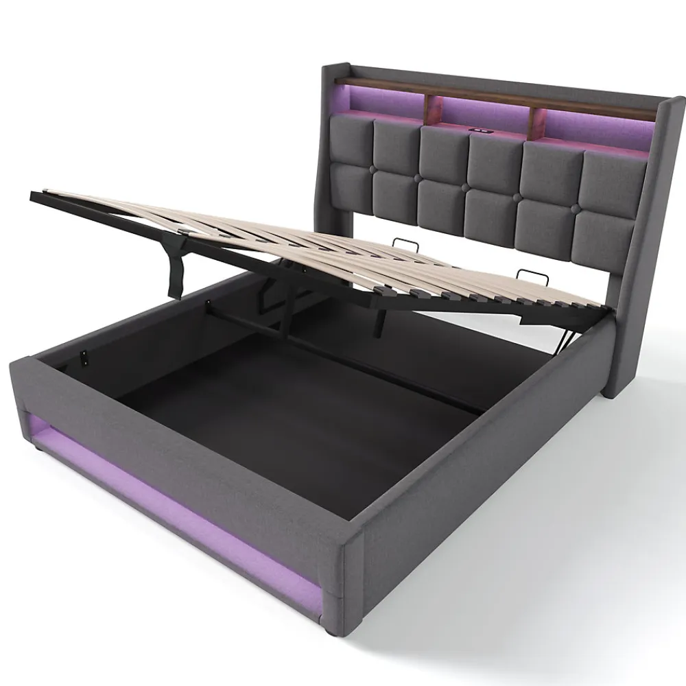 Lit 140x200 cm tapissé lin gris avec éclairage LED et port USB, style vintage moderne, cadre bois-métal>Redom Hot