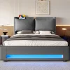 Lit 160x200 cm tapissé lin gris avec tête de lit étagère, éclairage LED intégré et rangement hydraulique>Redom