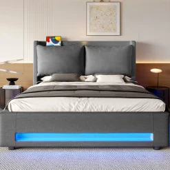 Lit 160x200 cm tapissé lin gris avec tête de lit étagère, éclairage LED intégré et rangement hydraulique>Redom