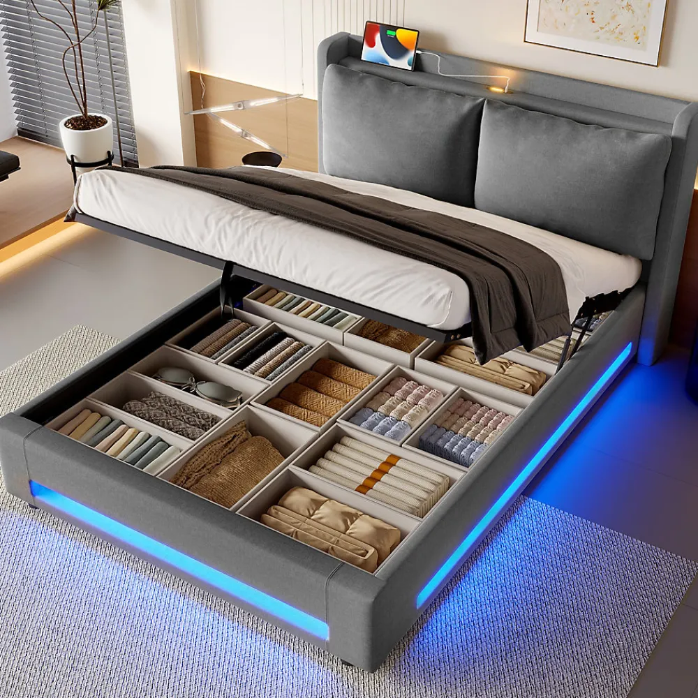 Lit 160x200 cm tapissé lin gris avec tête de lit étagère, éclairage LED intégré et rangement hydraulique>Redom