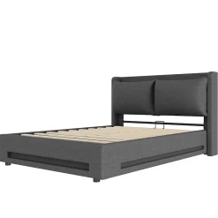Lit 160x200 cm tapissé lin gris avec tête de lit étagère, éclairage LED intégré et rangement hydraulique><noscript><img width=