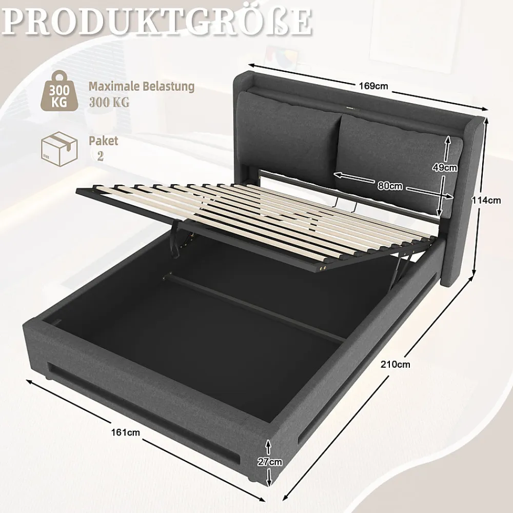 Lit 160x200 cm tapissé lin gris avec tête de lit étagère, éclairage LED intégré et rangement hydraulique>Redom