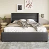 Lit 160x200 cm tapissé lin gris avec rangement hydraulique, tête de lit 3 panneaux rembourrée, cadre renforcé>Redom Discount