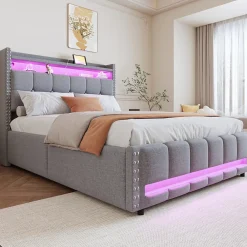 Lit 140x200 cm tapissé lin gris clair avec rangement hydraulique et éclairage LED multicolore>Redom Discount