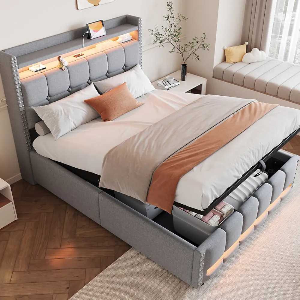 Lit 140x200 cm tapissé lin gris clair avec rangement hydraulique et éclairage LED multicolore>Redom Discount