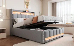 Lit 140x200 cm tapissé lin gris clair avec rangement hydraulique et éclairage LED multicolore><noscript><img width=