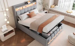 Lit 140x200 cm tapissé lin gris clair avec rangement hydraulique et éclairage LED multicolore><noscript><img width=