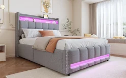 Lit 140x200 cm tapissé lin gris clair avec rangement hydraulique et éclairage LED multicolore><noscript><img width=