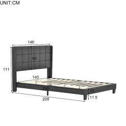 Redom Lit 140x200 cm tapissé lin gris avec tête de lit rembourrée haute et matelas à ressorts 140x200 cm inclus* Lit Double