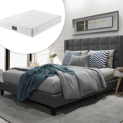 Redom Lit 140x200 cm tapissé lin gris avec tête de lit rembourrée haute et matelas à ressorts 140x200 cm inclus* Lit Double
